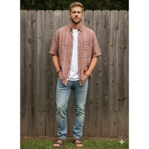 Weatherproof Vintage Linen Shirt Men XXL Rust Plaid Short‎ Sleeve Summer Coastal